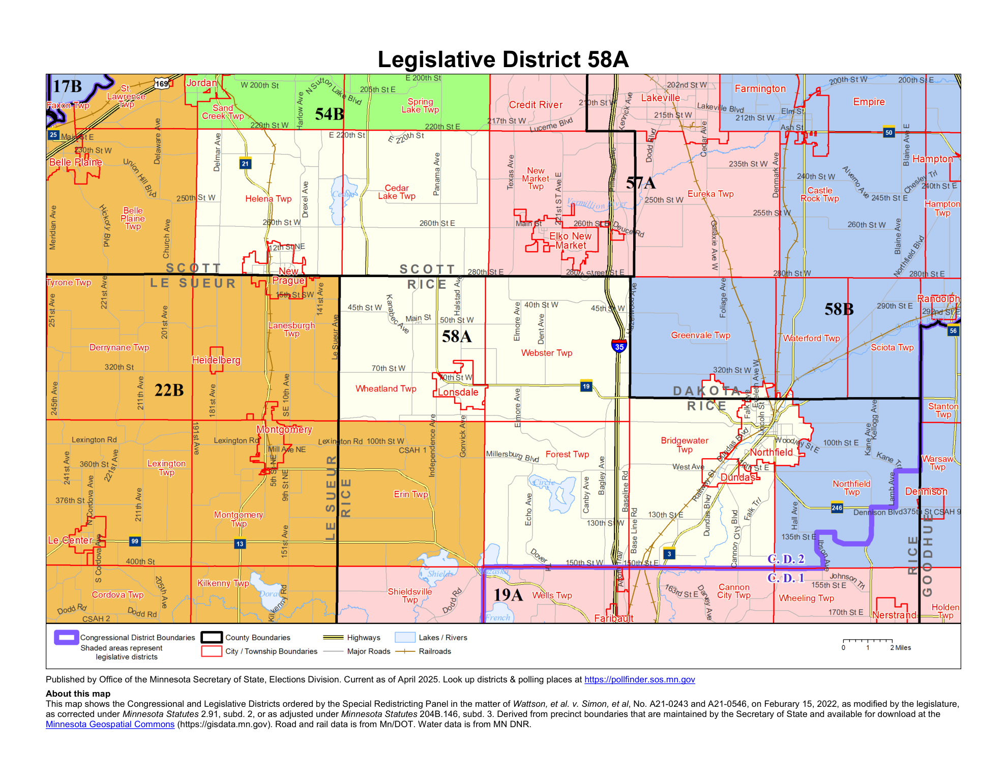 Official Minnesota Legislative District 58A map showing the district boundary and surrounding communities